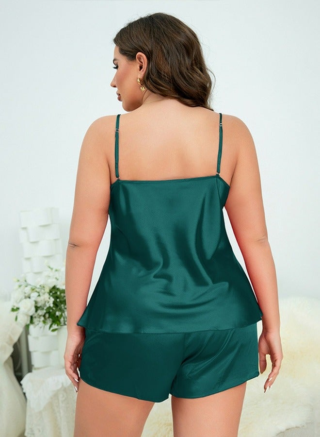 Loquat Women's Imitation Silk Solid Color 2-Piece Set Nightgown Sleepwear Suspender Top And Shorts Soft Loungewear Pajamas Suit Dark Green - Image 2