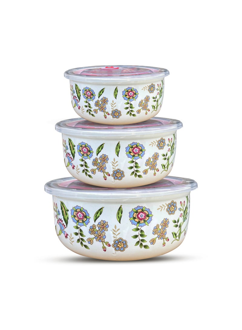 Ceramic 3-Piece Bowl Set with Airtight Lids – Floral Design No. 1 – Prep, Store, and Serve – Ideal for Soups, Salads, Fruits, and More  - Image 1