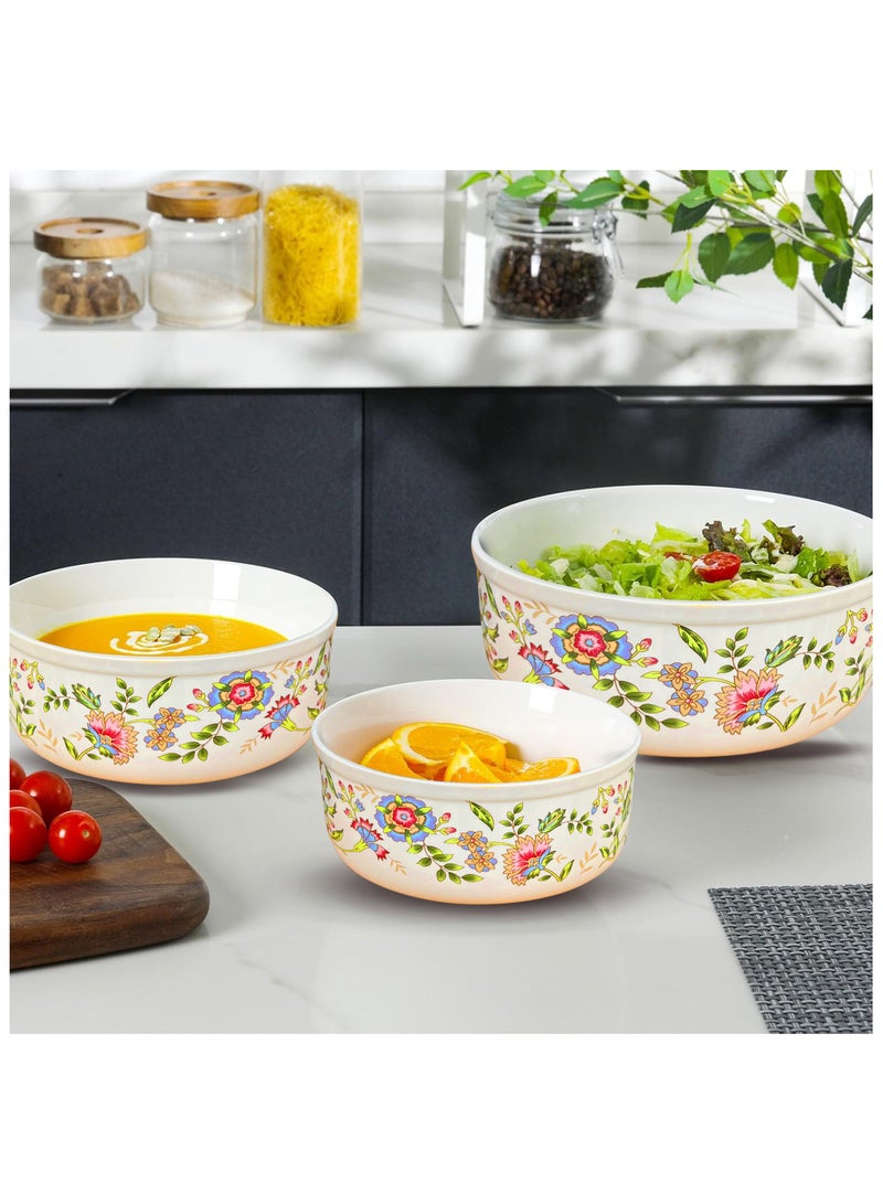 Ceramic 3-Piece Bowl Set with Airtight Lids – Floral Design No. 1 – Prep, Store, and Serve – Ideal for Soups, Salads, Fruits, and More