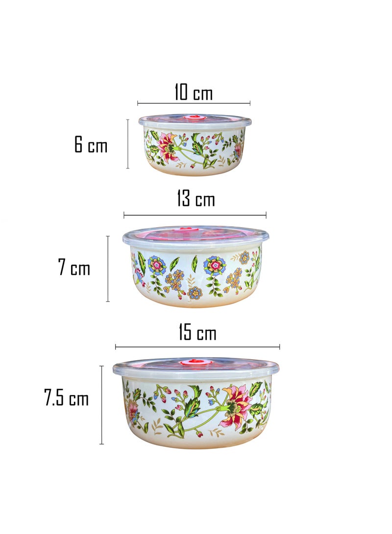 Ceramic 3-Piece Bowl Set with Airtight Lids – Floral Design No. 1 – Prep, Store, and Serve – Ideal for Soups, Salads, Fruits, and More