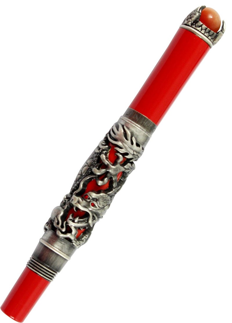 Gullor JinHao Antique Silver Dragon Style 3D Carved Fountain Pen With Red Pearl, Medium Nib, Red - Image 2