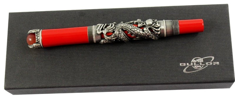 Gullor JinHao Antique Silver Dragon Style 3D Carved Fountain Pen With Red Pearl, Medium Nib, Red - Image 5