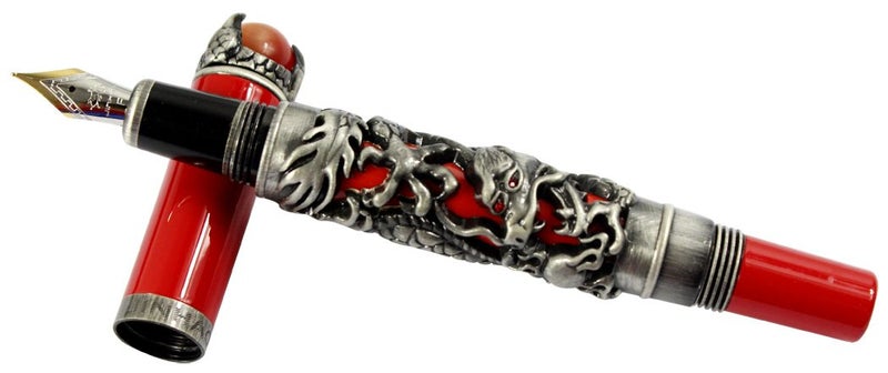 Gullor JinHao Antique Silver Dragon Style 3D Carved Fountain Pen With Red Pearl, Medium Nib, Red - Image 3