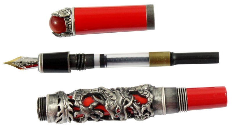 Gullor JinHao Antique Silver Dragon Style 3D Carved Fountain Pen With Red Pearl, Medium Nib, Red - Image 4