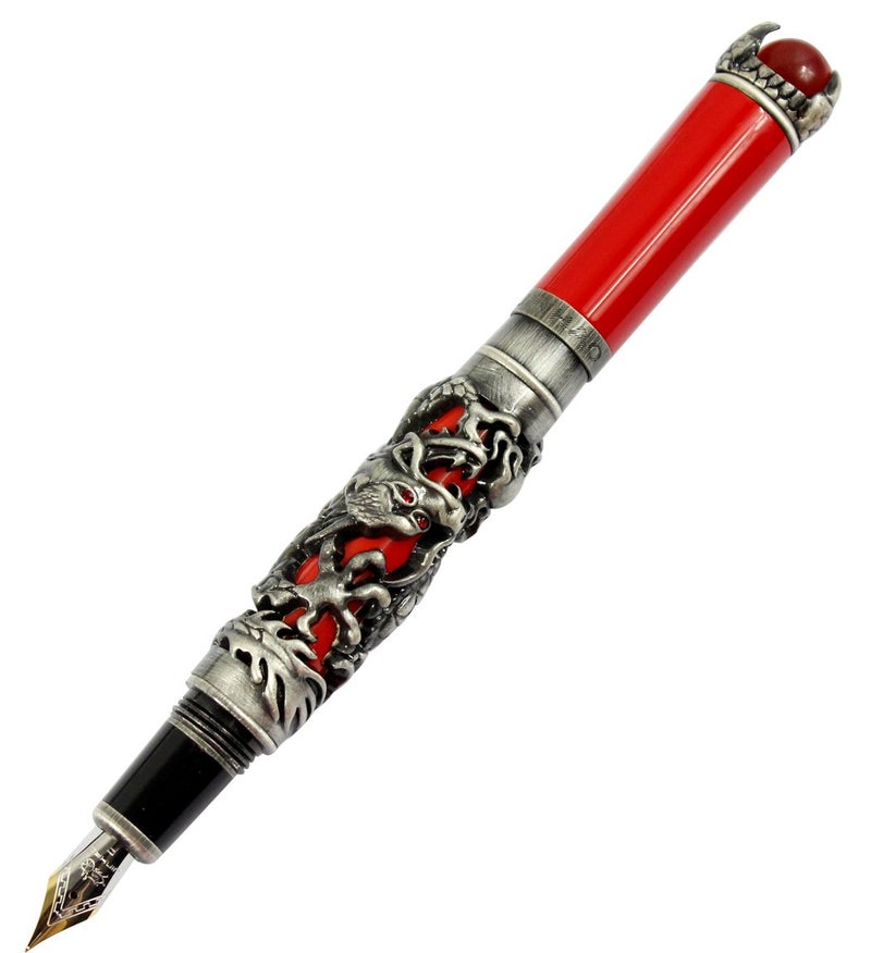 Gullor JinHao Antique Silver Dragon Style 3D Carved Fountain Pen With Red Pearl, Medium Nib, Red - Image 1