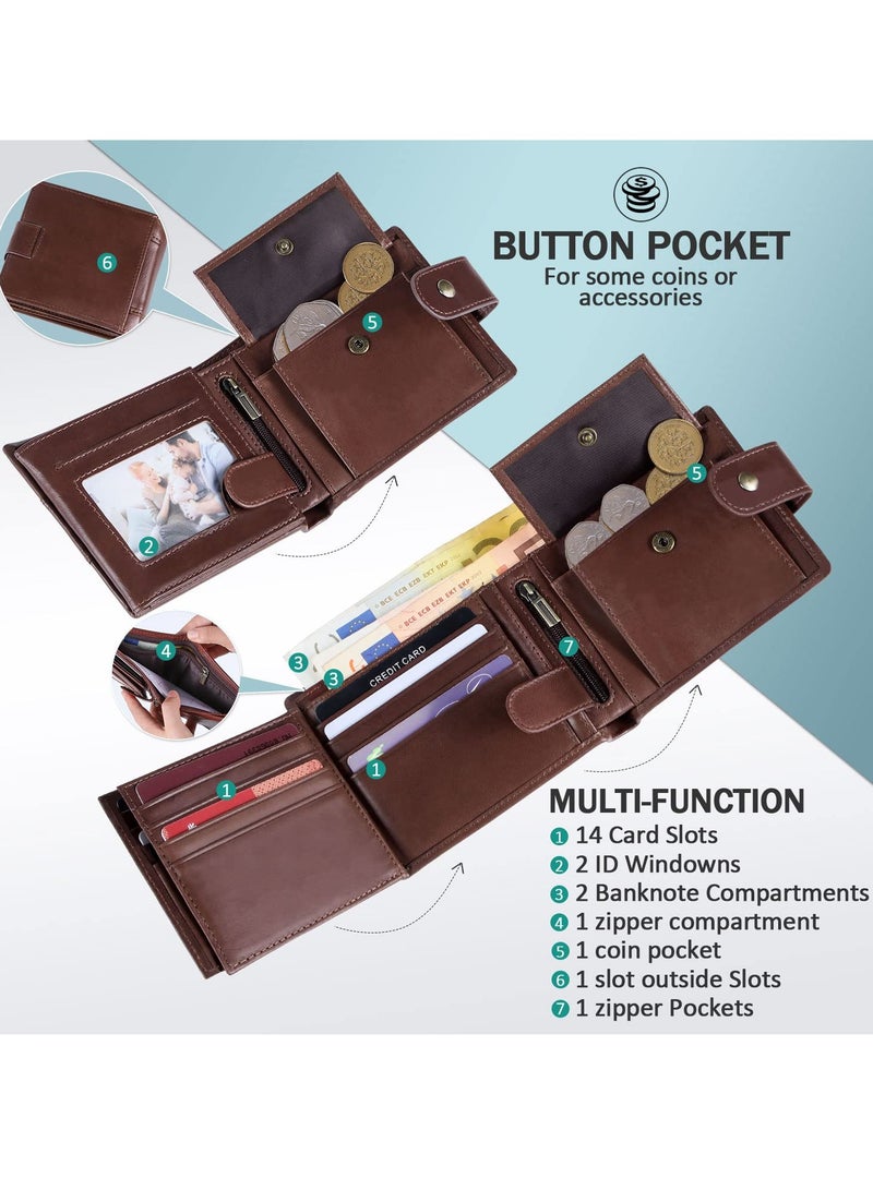 Genuine Leather Wallets for Men, Leather Multi Functional RFID Blocking Wallet with 17 Credit Card Slots, Multi Card Holder Slim Mens Wallet with Zipper Coin Purse - Image 2