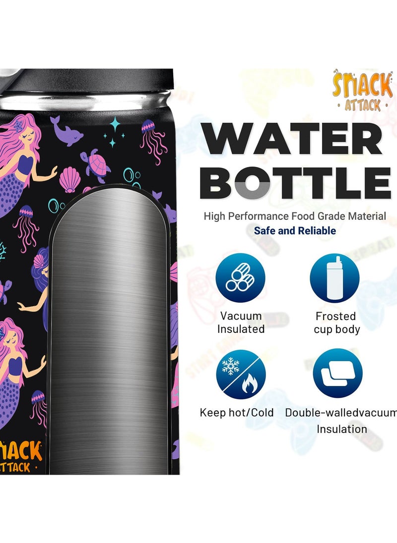 Snack attack SA Kids Watear Bottle for School Insulated water bottle with Straw Lid, Kids water bottle stainless steel, Double Wall, Baby water bottle, Steel water bottle(BLUE) (Black Mermaid)  - Image 2
