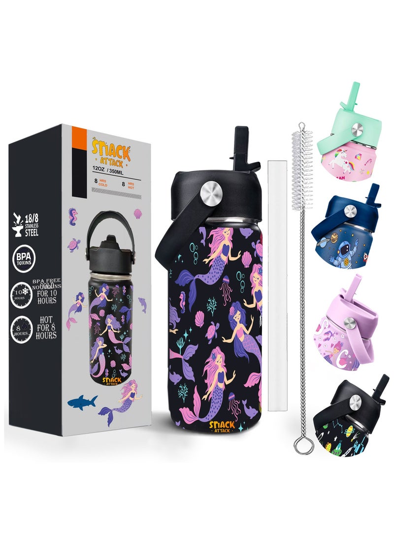Snack attack SA Kids Watear Bottle for School Insulated water bottle with Straw Lid, Kids water bottle stainless steel, Double Wall, Baby water bottle, Steel water bottle(BLUE) (Black Mermaid)  - Image 1