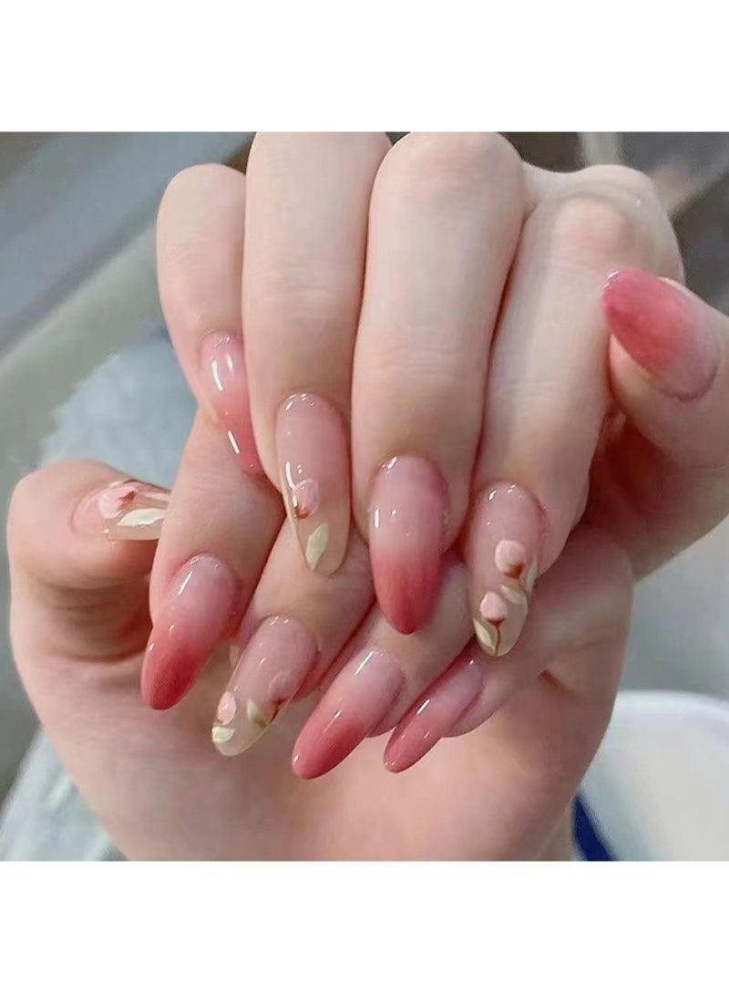 SCHAVO Hand Drawn Camellia Pink Gradient 24Pcs Press On Nails For Girl - Image 1