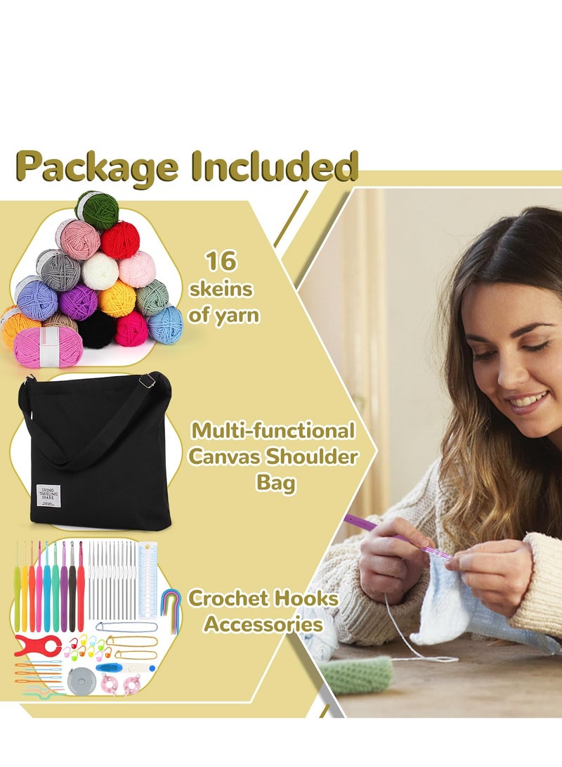Beginner Crochet Kit - 70 Pieces for Adults and Kids. Features 16 Yarns, Crochet Hook Set, and Canvas Tote Bag. Complete Knitting & Crochet Supplies Set (Black)  - Image 3