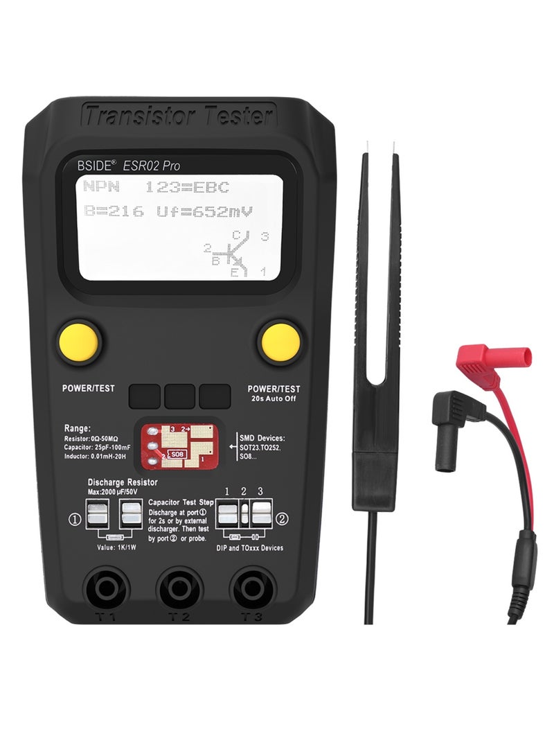 BSIDE ESR02 Pro Transistor Tester Multifunctional Digital Tester Diode Triode Resistor Capacitance Inductance MOSFET NPN PNP Triac MOS Detector with Test Clip - Image 1