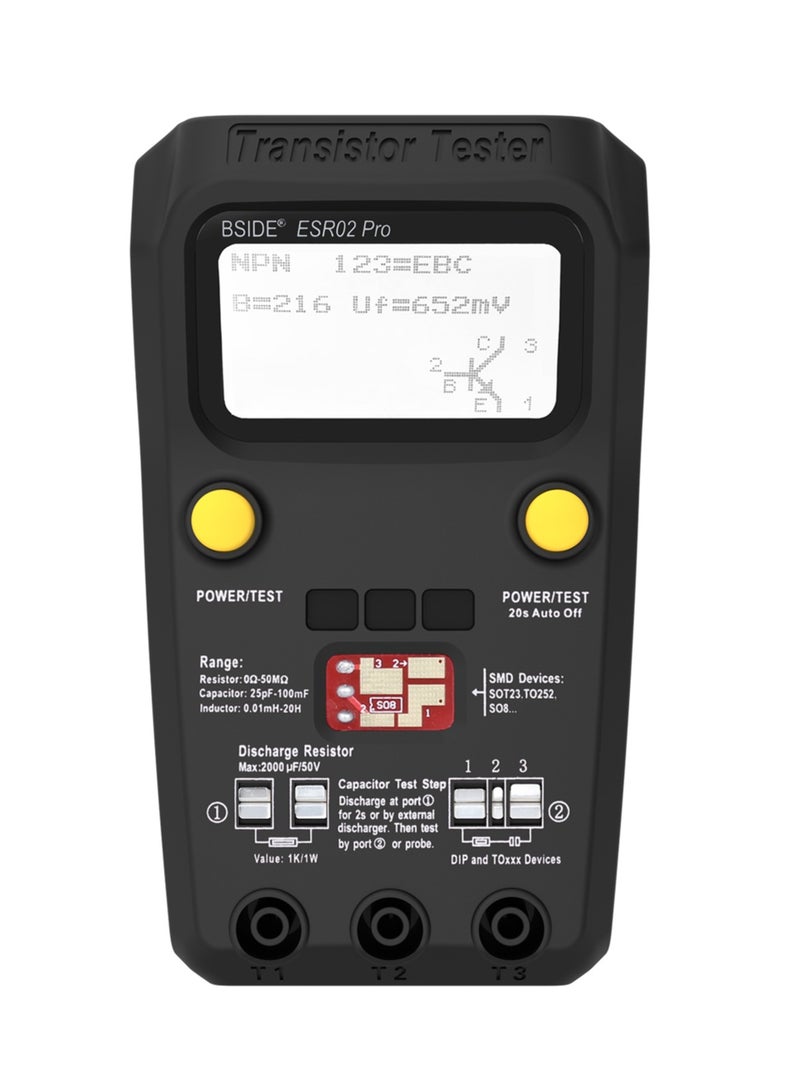 BSIDE ESR02 Pro Transistor Tester Multifunctional Digital Tester Diode Triode Resistor Capacitance Inductance MOSFET NPN PNP Triac MOS Detector with Test Clip - Image 2