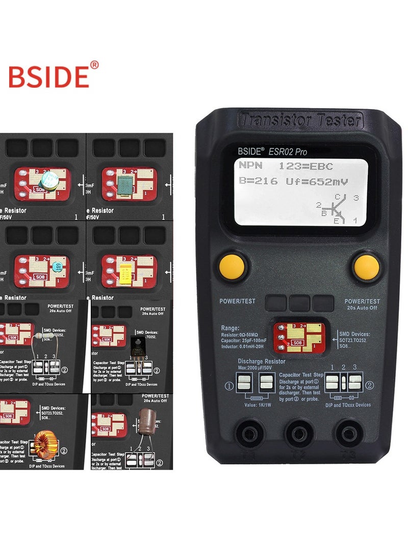 BSIDE ESR02 Pro Transistor Tester Multifunctional Digital Tester Diode Triode Resistor Capacitance Inductance MOSFET NPN PNP Triac MOS Detector with Test Clip - Image 5