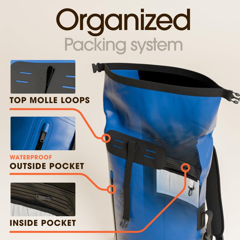 Earth Pak Waterproof Backpack - Heavy Duty Hiking Backpack - Roll-Top Closure - Waterproof Bag - Cushioned Dry Bags Waterproof w/ IPX8 Waterproof Phone Case - Wet Bag for Hiking, Kayak (Blue, 55L) - Image 5