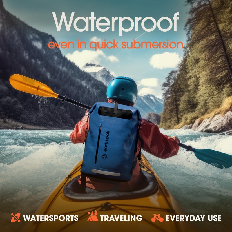 Earth Pak Waterproof Backpack - Heavy Duty Hiking Backpack - Roll-Top Closure - Waterproof Bag - Cushioned Dry Bags Waterproof w/ IPX8 Waterproof Phone Case - Wet Bag for Hiking, Kayak (Blue, 55L) - Image 3
