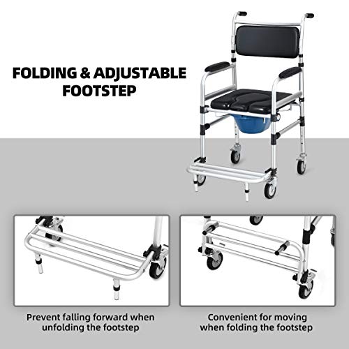 Giantex 3 in 1 Lightweight Shower Commode, Transport Bedside Commode with Wheels, Adjustable Height and Pedal, Shower Wheelchair for Elder, Disabled People (Black) - Image 3