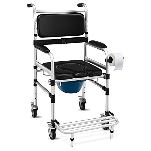 Giantex 3 in 1 Lightweight Shower Commode, Transport Bedside Commode with Wheels, Adjustable Height and Pedal, Shower Wheelchair for Elder, Disabled People (Black) - Image 1