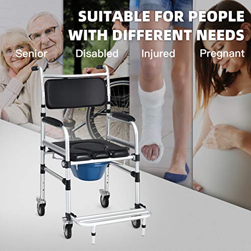 Giantex 3 in 1 Lightweight Shower Commode, Transport Bedside Commode with Wheels, Adjustable Height and Pedal, Shower Wheelchair for Elder, Disabled People (Black) - Image 2
