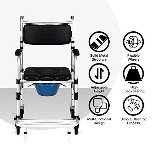 Giantex 3 in 1 Lightweight Shower Commode, Transport Bedside Commode with Wheels, Adjustable Height and Pedal, Shower Wheelchair for Elder, Disabled People (Black) - Image 5