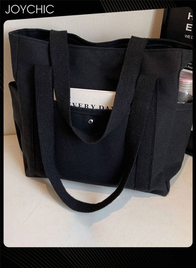 Joychic حقيبة توت كبيرة السعة للنساء مصنوعة من القماش مقاومة للماء مع جيوب حقيبة يد للسفر عادية حقيبة بسحاب موضة حقيبة كتف سوداء - Image 3