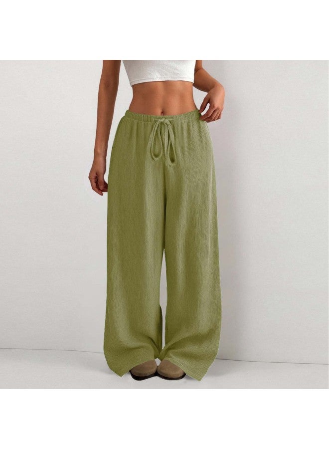 European And American New Women's Solid Color Loose Bark Wrinkle Drape Waist Drawstring Wide-leg Casual Pants Long Pants