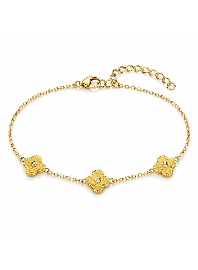 FINE SILVER Premium 18K Gold Plated 925 Sterling Silver Triple Clover Bracelet - Elegant Brushed Gold Motif with CZ Center - Adjustable Luxury Gift for Her - Image 1