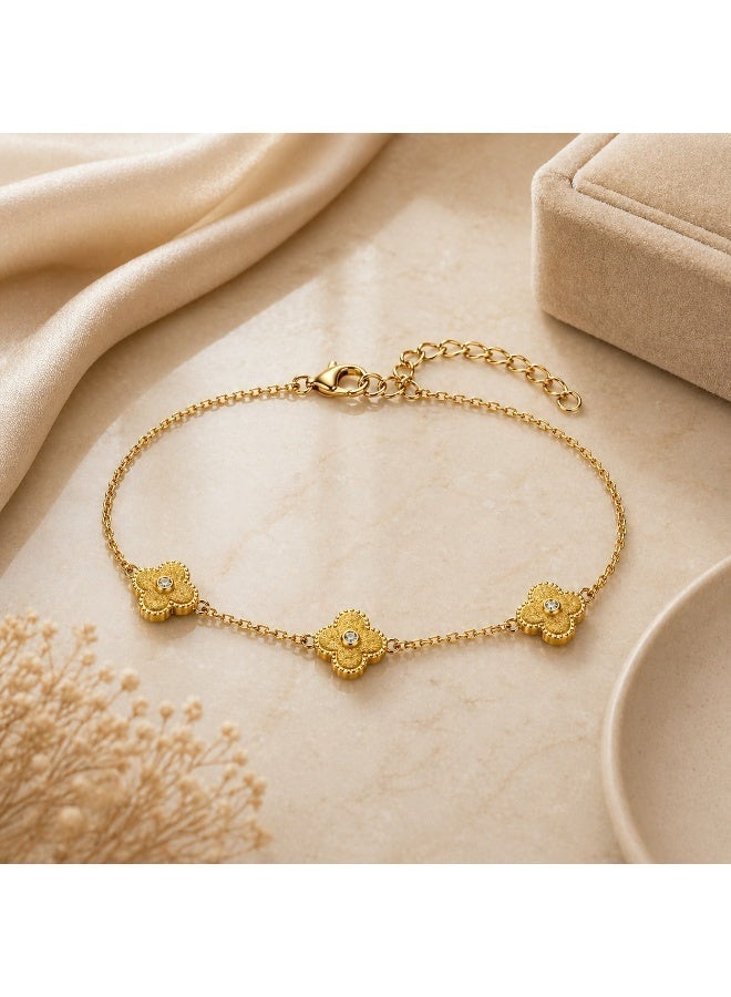 FINE SILVER Premium 18K Gold Plated 925 Sterling Silver Triple Clover Bracelet - Elegant Brushed Gold Motif with CZ Center - Adjustable Luxury Gift for Her - Image 4