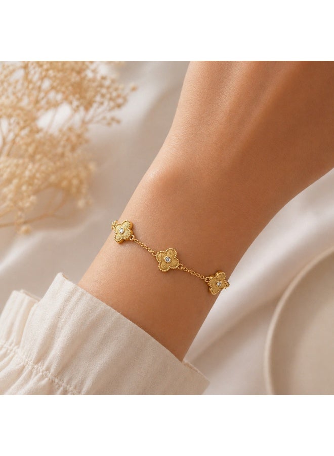 FINE SILVER Premium 18K Gold Plated 925 Sterling Silver Triple Clover Bracelet - Elegant Brushed Gold Motif with CZ Center - Adjustable Luxury Gift for Her - Image 3