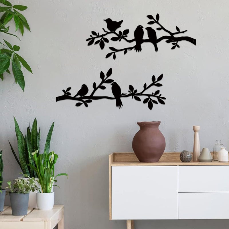 ESTART 2 Pcs Metal Birds Wall Art, Metal Vivid Birds on Branch Silhouette Wall Decor Black Leaves with Bird Outdoor Hanging Wall Sculpture for Home Balcony Garden Indoor Outdoor (Black) - Image 2