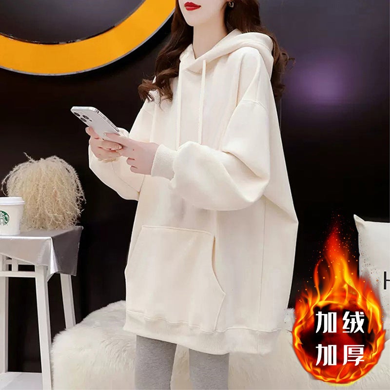 Winter Hooded Velvet Sweatshirt Womens Oversized Coat Creamy-white - Image 1
