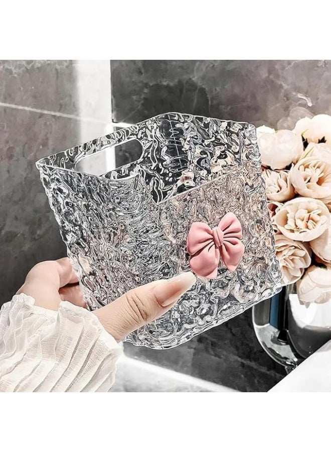 A transparent wall-mounted storage box, made of clear plastic with a pink bow, with a glossy finish, measuring 11 x 9 cm, a bathroom organizer. - Image 4