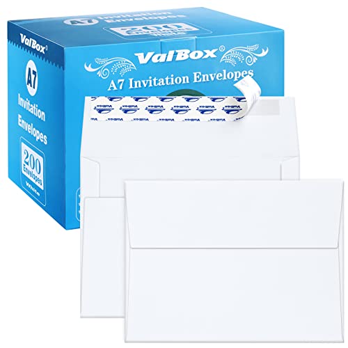 ValBox 200 Qty A7 Invitation Envelopes 5 x 7, 120GSM White Kraft Paper Envelopes for 5x7 Cards, Self Seal, Weddings, Invitations, Baby Shower, Stationery, Office, 5.25 x 7.25 Inches - Image 1