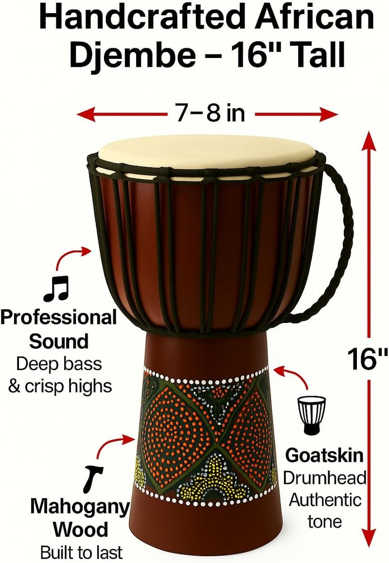 Jive Djembe Drum – 16" African Hand Drum, Bongo & Congo Style Percussion – Solid Mahogany with Goat Skin Head – Professional Djembe for Circles, Meditation & World Music - NOT MADE IN CHINA - Image 3