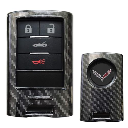 iJDMTOY Glossy Black Carbon Fiber Finish Exact Fit Key Fob Shell Cover w/Keychain For Cadillac ATS CTS DTS XTS SRX STS Escalade or Chevrolet C7 Corvette, etc - Image 1