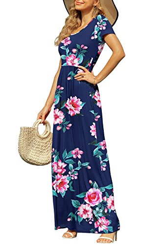 DB MOON Women's Casual Plus Size Maxi Dresses Short Sleeve Empire Waist Long Dress with Pockets(Flower Navy Blue, XL) - Image 2