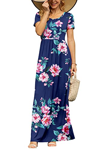 DB MOON Women's Casual Plus Size Maxi Dresses Short Sleeve Empire Waist Long Dress with Pockets(Flower Navy Blue, XL) - Image 4