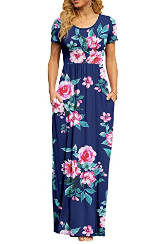 DB MOON Women's Casual Plus Size Maxi Dresses Short Sleeve Empire Waist Long Dress with Pockets(Flower Navy Blue, XL) - Image 3