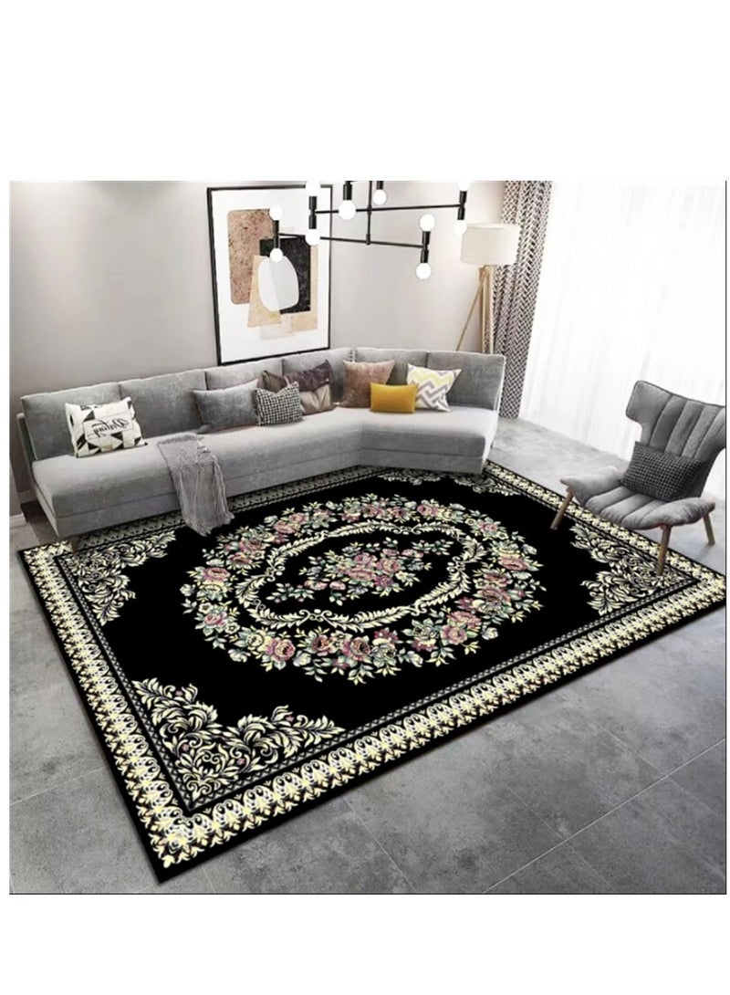Washable Carpet, Modern Non-Slip Area Rugs with Print Boho, Home Decor Thin Vintage Floor Carpet Indoor Mat Floral Print Rugs for Living Room Bedroom Dining Room Office (Black 160*220cm) ﻿ - Image 1