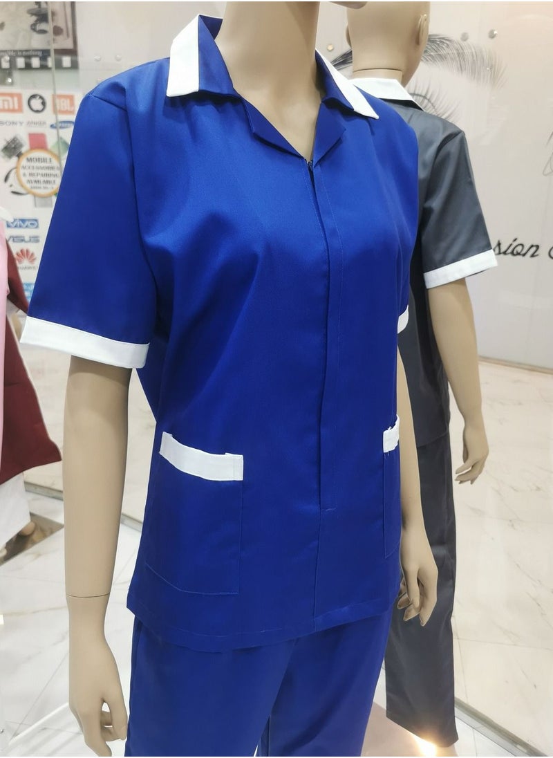 Rannah's Closet Maid Uniform with Zipper Top and Pants Royal Blue Domestic Helper Uniform  - Image 3