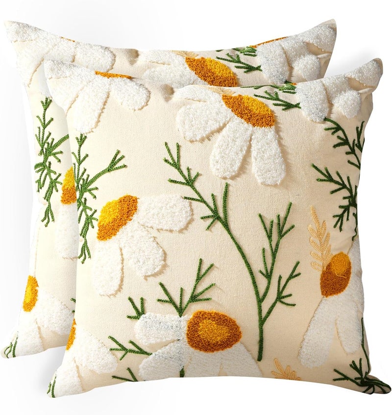 Kokaaee Embroidered Throw Pillow Covers Set of 2-18x18 Decorative Pillow Covers with Zipper Aesthetic Cute Design Spring Summer Throw Pillowcases for Outdoor Couch Sofa Bed, Daisy - Image 1