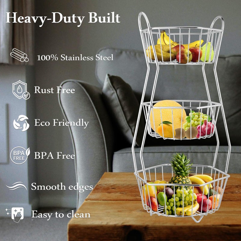 Unify Stainless Steel 3 Tier Fruit Basket For Dining Table Fruit Bowl Vegetable Baskets For Kitchen Stand For Kitchen Counter Top Racks Hexa - Image 4