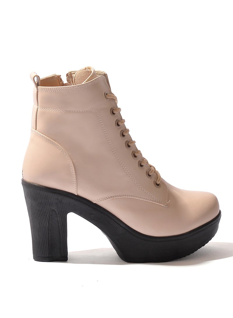 Run  Half Boot Leather Heel 5cm-Beige - Image 3