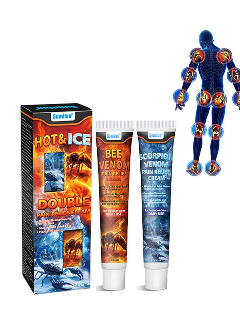 Sumifun 2 Pieces Pack Ice And Hot Double Pain Relief Cream，Bee Venom Scorpion Venom Pain Relief Cream，Muscle And Joint Pain Relief Gel，Suitable For Neck，Shoulders，Hands，Feet And All Parts Of The Body（20ml+20ml） - Image 1