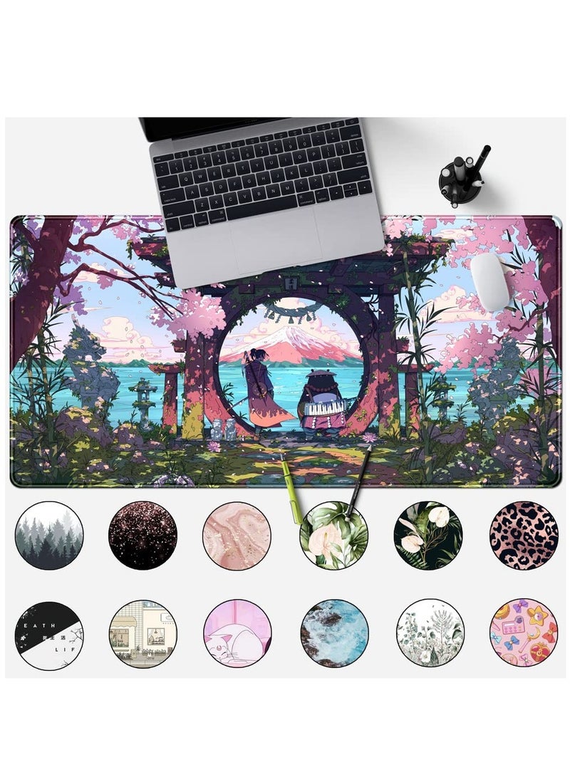SOLARAE Pink Japan Desk Pad Anime Gaming Green Mouse Pad Large Mouse Pad For Desk Computer Pc Laptop Office Decor For Women, Anime Mouse Keyboard Pad Stitched Edges Non-Slip Rubber Mat Desk Pad, 31.5x15.7 In - Image 2