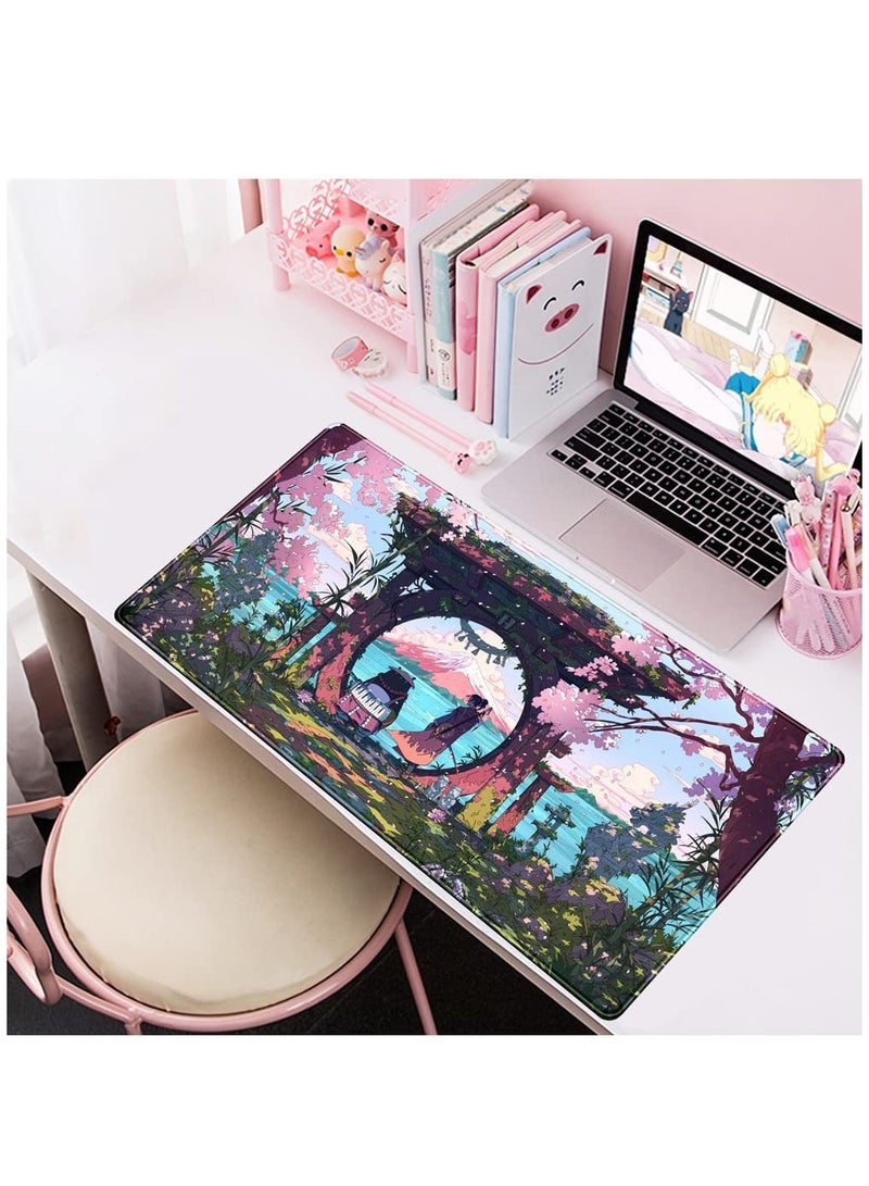SOLARAE Pink Japan Desk Pad Anime Gaming Green Mouse Pad Large Mouse Pad For Desk Computer Pc Laptop Office Decor For Women, Anime Mouse Keyboard Pad Stitched Edges Non-Slip Rubber Mat Desk Pad, 31.5x15.7 In - Image 5