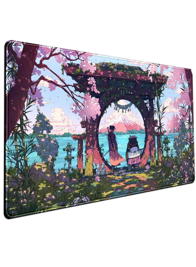SOLARAE Pink Japan Desk Pad Anime Gaming Green Mouse Pad Large Mouse Pad For Desk Computer Pc Laptop Office Decor For Women, Anime Mouse Keyboard Pad Stitched Edges Non-Slip Rubber Mat Desk Pad, 31.5x15.7 In - Image 1
