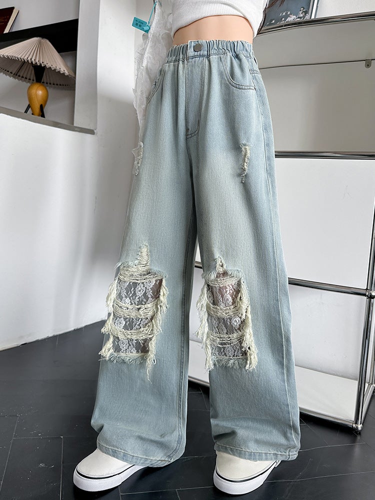 Girls' Ripped Jeans 2025 Spring And Arrival Large Children'S Loose Slimming Lace Wide Leg Pants Straight Trousers - Image 5
