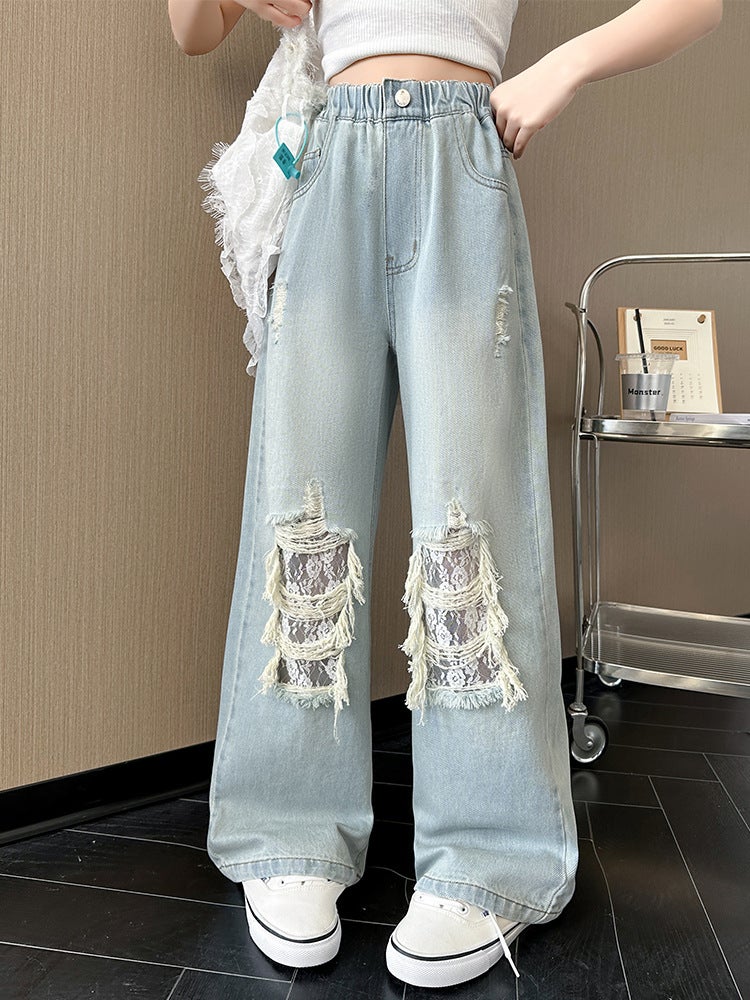 Girls' Ripped Jeans 2025 Spring And Arrival Large Children'S Loose Slimming Lace Wide Leg Pants Straight Trousers - Image 2