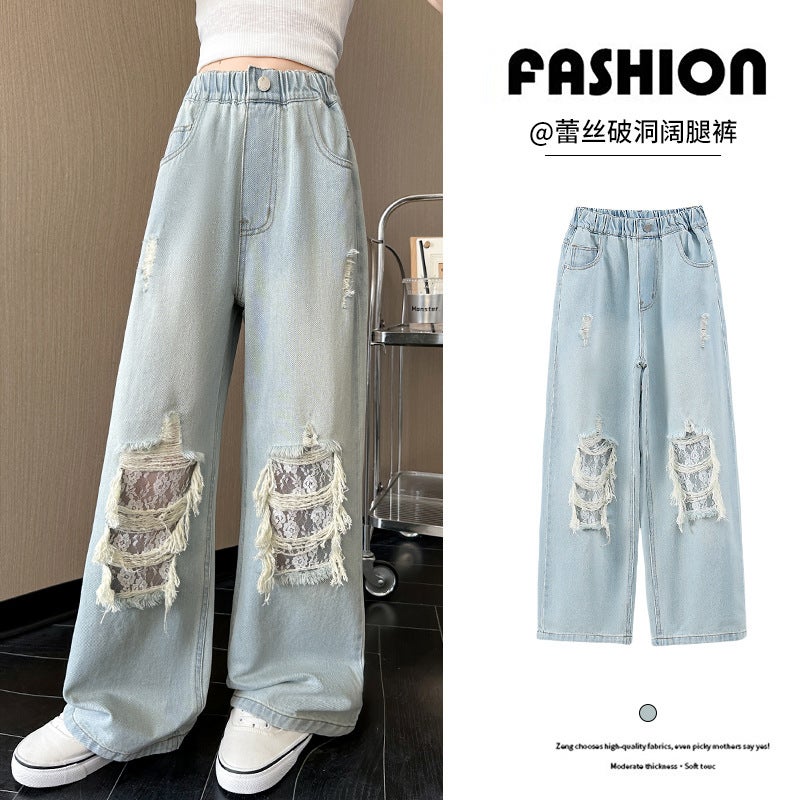 Girls' Ripped Jeans 2025 Spring And Arrival Large Children'S Loose Slimming Lace Wide Leg Pants Straight Trousers - Image 1