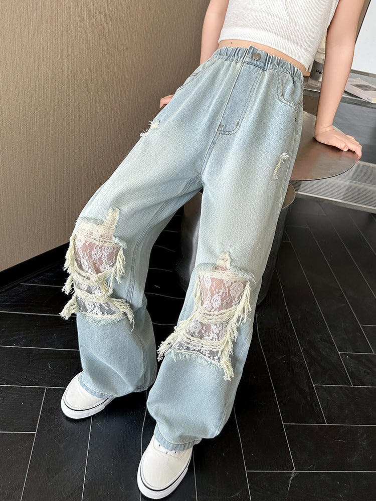 Girls' Ripped Jeans 2025 Spring And Arrival Large Children'S Loose Slimming Lace Wide Leg Pants Straight Trousers - Image 4